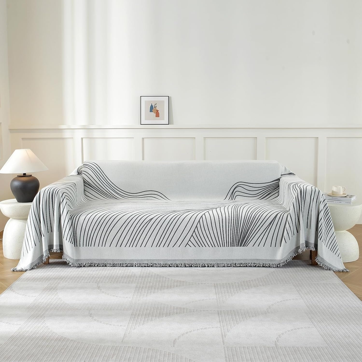 Telo Arredo Copridivano Quattro Stagioni 180 ¡Á 340 cm Lavabile con Motivo Curvo Grigio Scuro